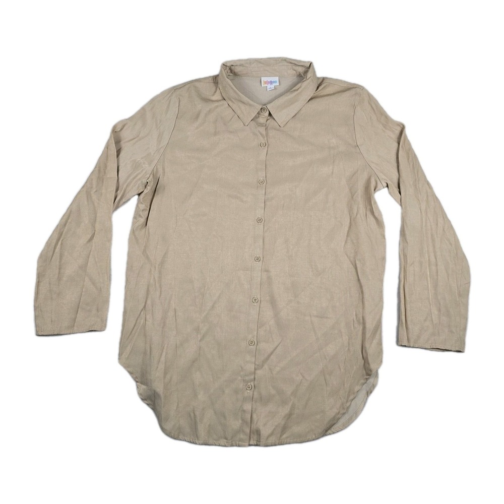 LuLaRoe Valentina Button Down Shirt Womens Large Tan Beige Long Sleeve Collared
